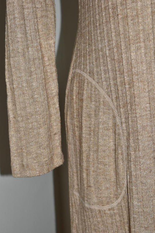 Beige Ribbed Knit Long Sleeve Maxi Dress