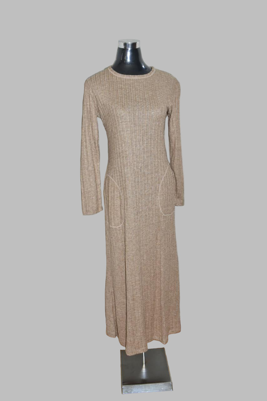 Beige Ribbed Knit Long Sleeve Maxi Dress