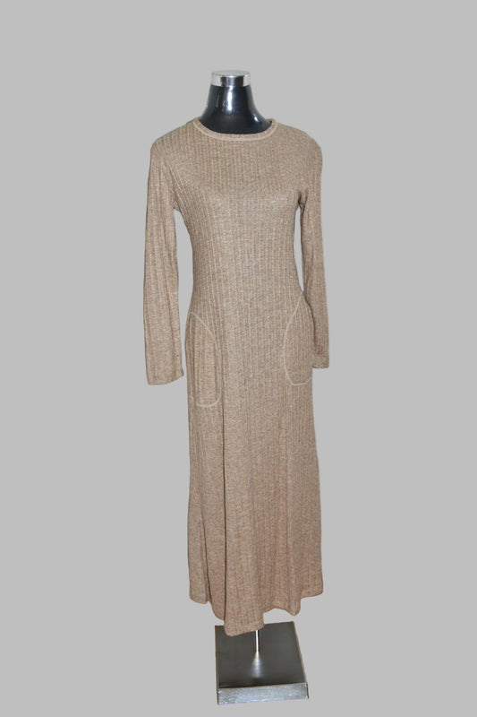 Beige Ribbed Knit Long Sleeve Maxi Dress