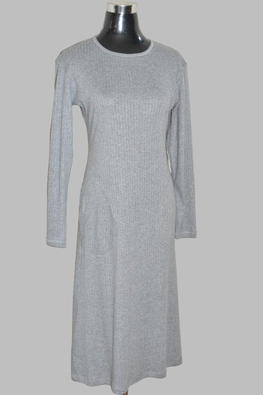 Grey Ribbed Knit Long Sleeve Maxi Dress